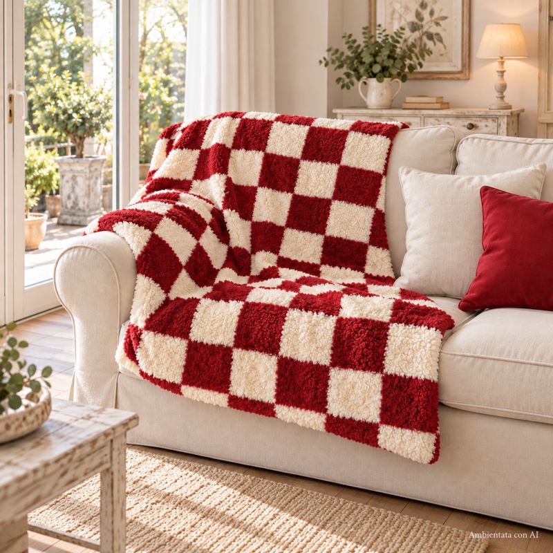 Plaid Sherpa Maxi Blanc Mariclò Supermorbido a Quadri Rosso Bordeaux 160x200 cm